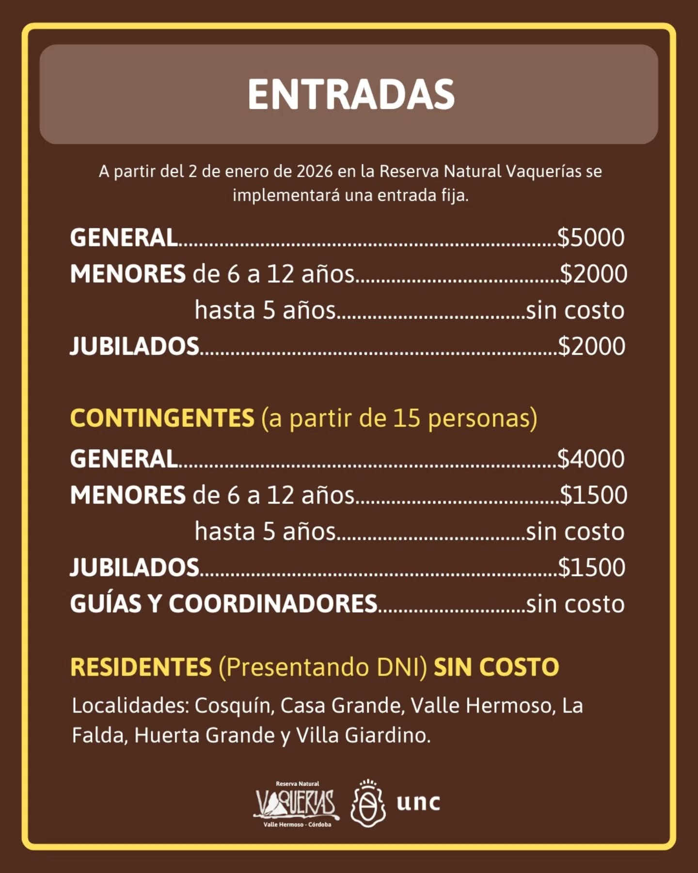 Vaquerías - Información importante