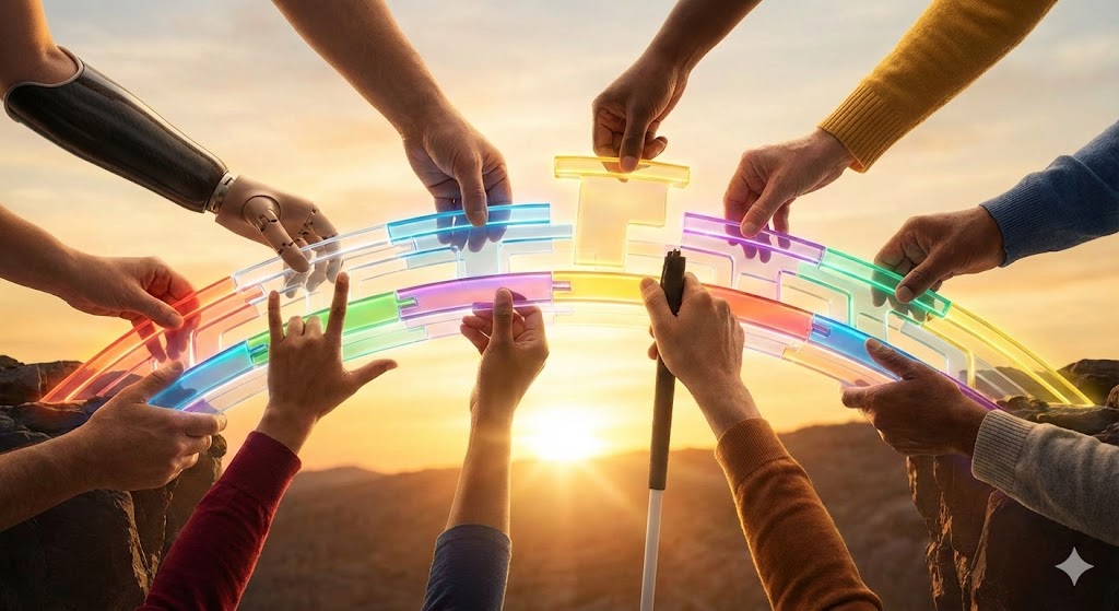 Muchas manos armando un arcoiris de derechos conquistados